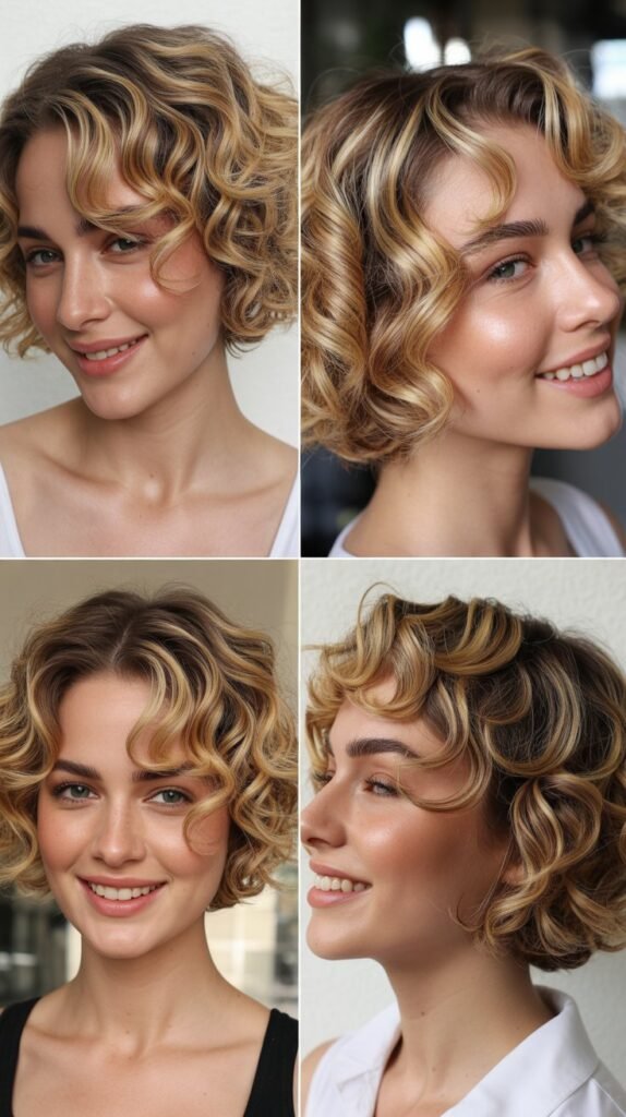 Honey Blonde Balayage on Short Curly Bob