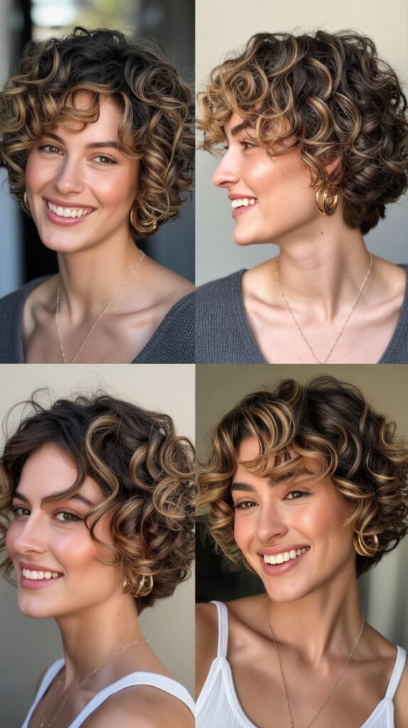 Honey Brown Highlights on Short Curly Layers