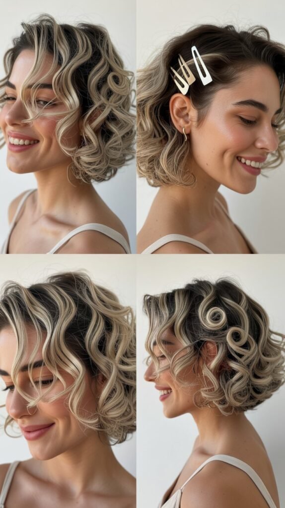 Platinum Blonde Streaks on Natural Curly Bob