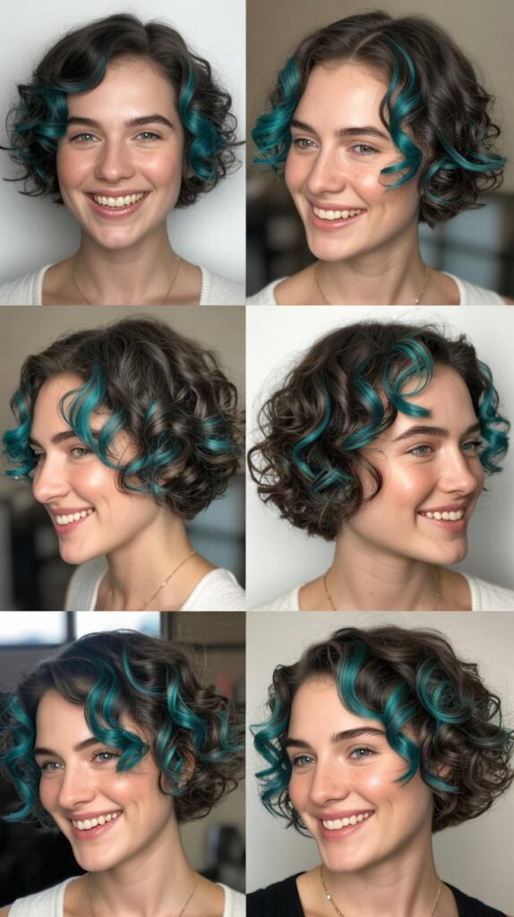 Turquoise Highlights on Short Curly Bob