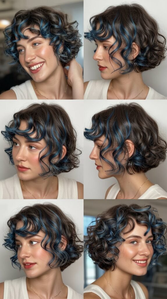 Steel Blue Highlights on Short Curly Bob
