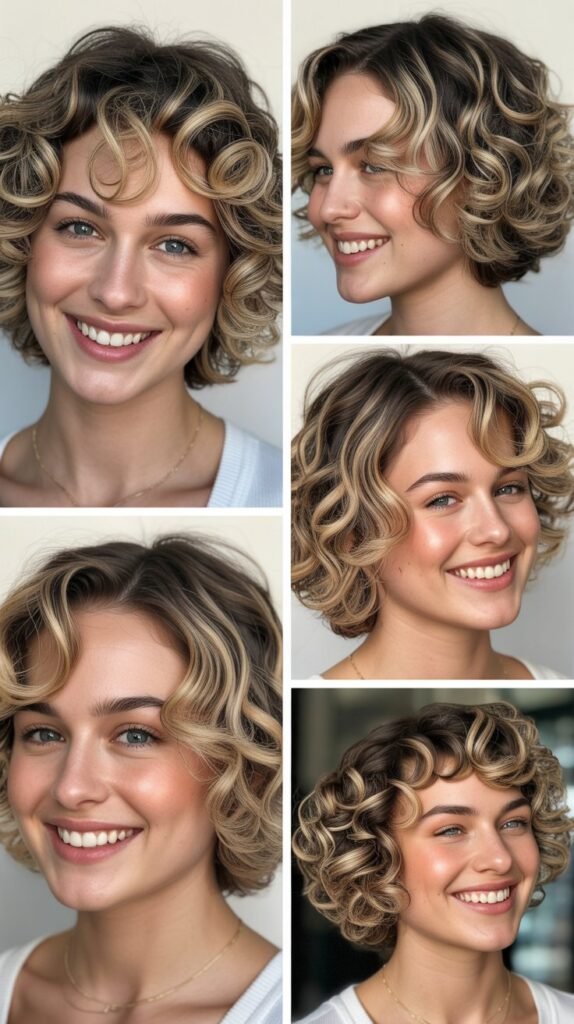 Nude Blonde Highlights on Short Curly Bob