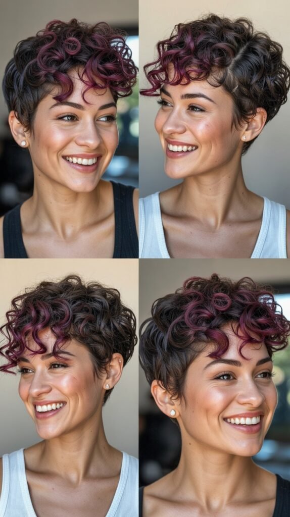  Burgundy Balayage on Tight Curly Pixie