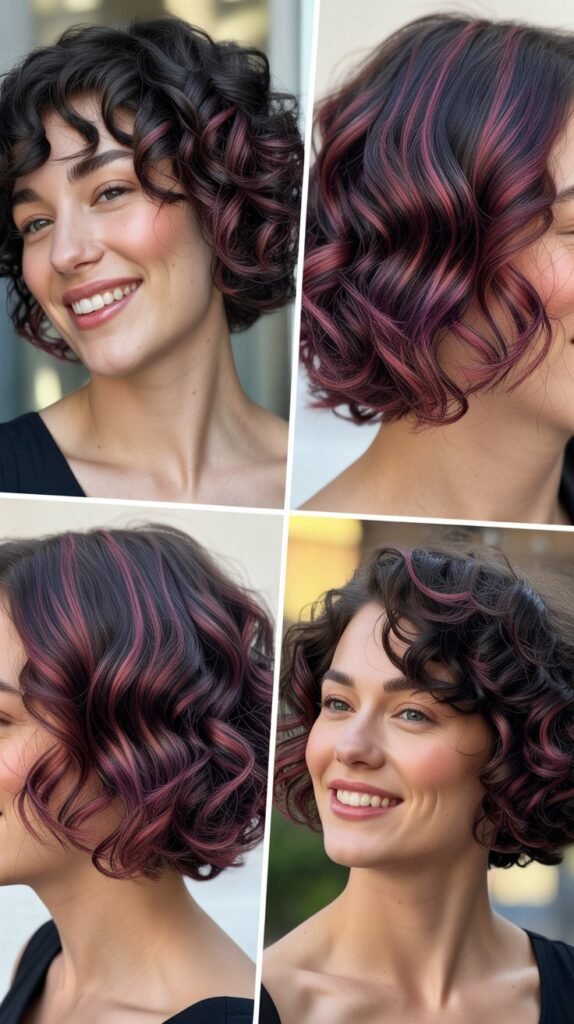 Plum Highlights on Short Curly Bob