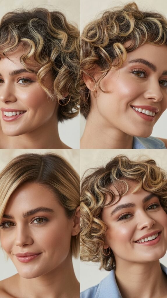 Sandy Blonde Highlights on Short Curly Layers