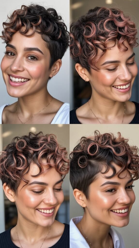 Rose Gold Highlights on Tight Curly Pixie