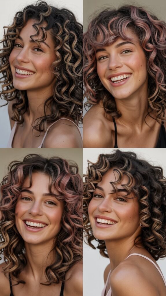 Rose Gold Accents on Voluminous Layered Curls