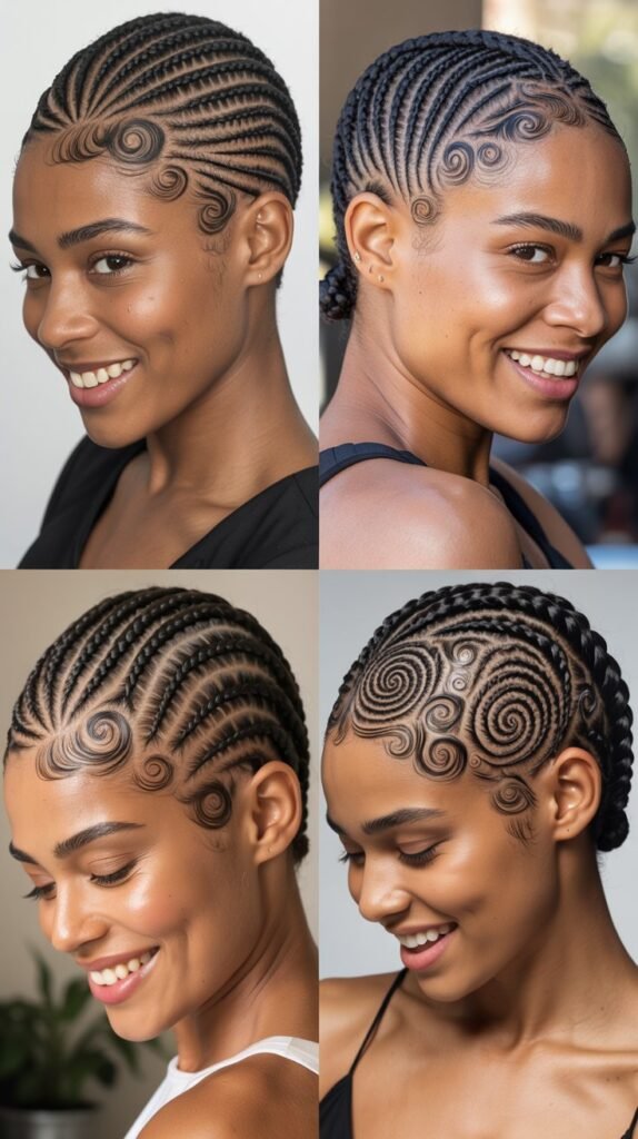 Swirl Pattern Cornrows With Bald Fade
