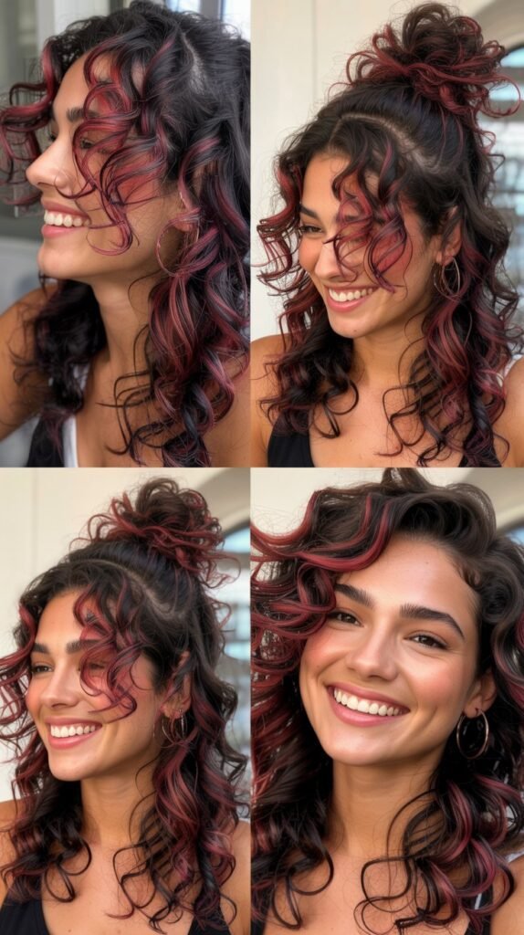 Cherry Red Balayage on Dark Brown Curls