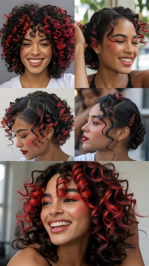 Bright Red Highlights on Black Curls