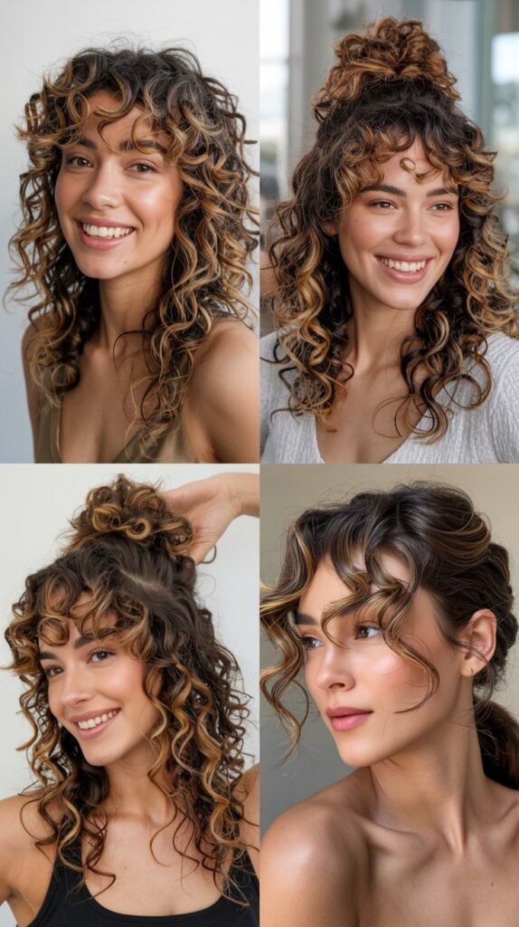 Caramel Highlights with Curly Shag and Wispy Bangs