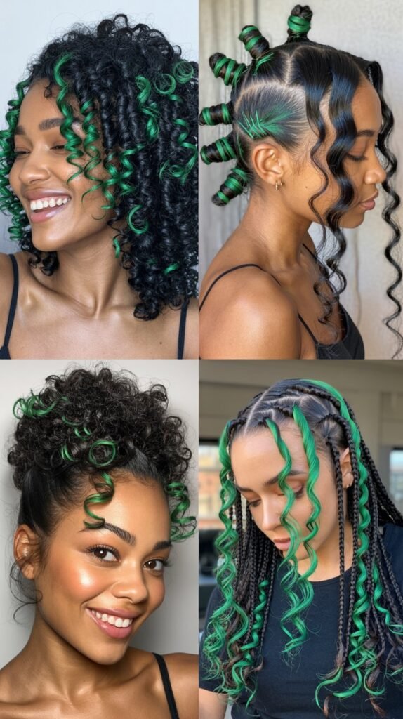 Emerald Green Highlights on Black Curls