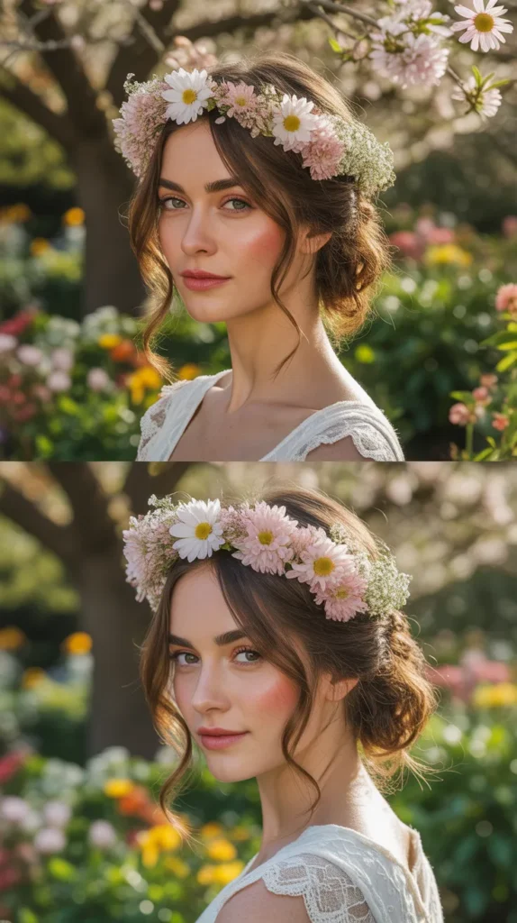 Flower Crown with Flowing Half-Up Half-Down Hair