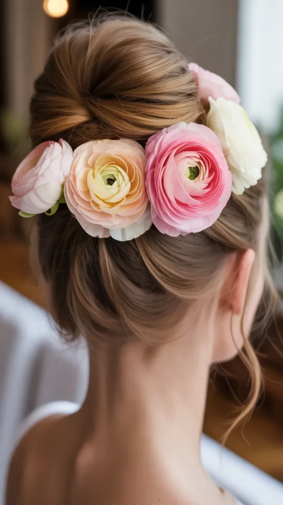High Bun with Ranunculus Blooms