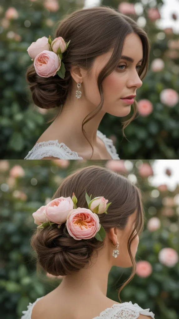  Romantic Low Chignon with Garden Roses