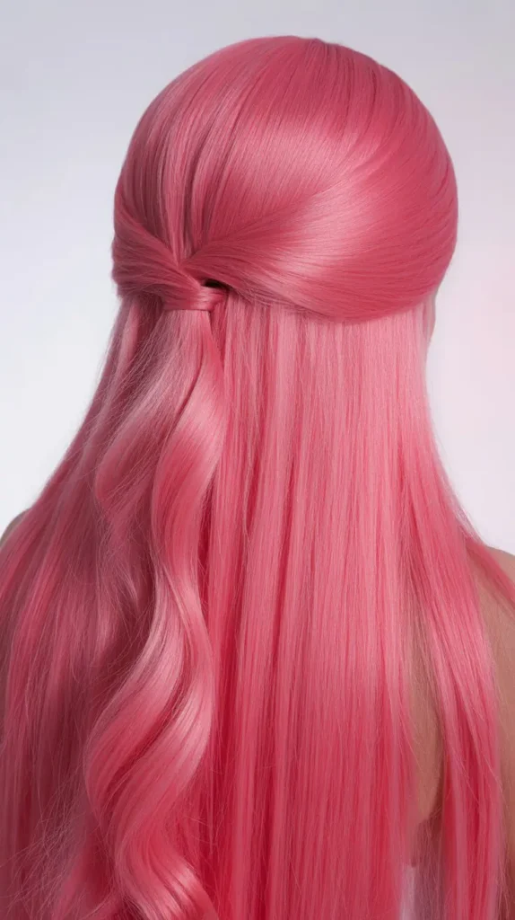  💗 Hot Pink Sleek Half Up Half Down Wig