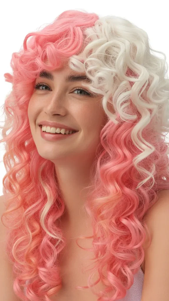 Two-Tone Pink and White Curly Wig
