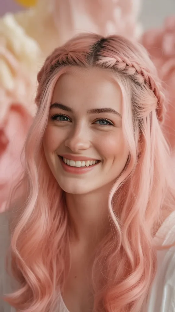 🍬 Baby Pink Half Up Half Down Wig with Braids