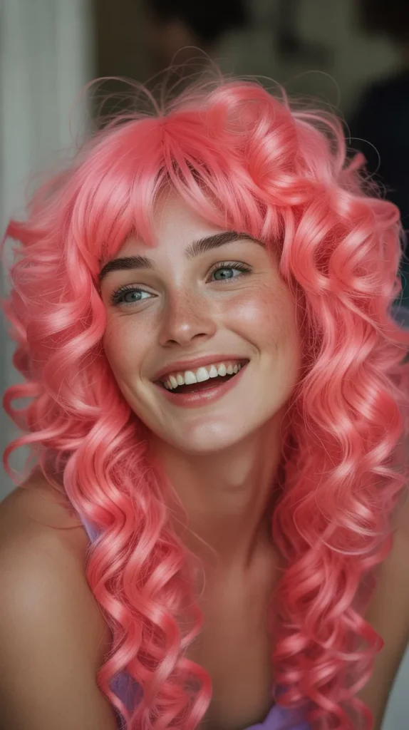 Bright Pink Curly Bangs Wig