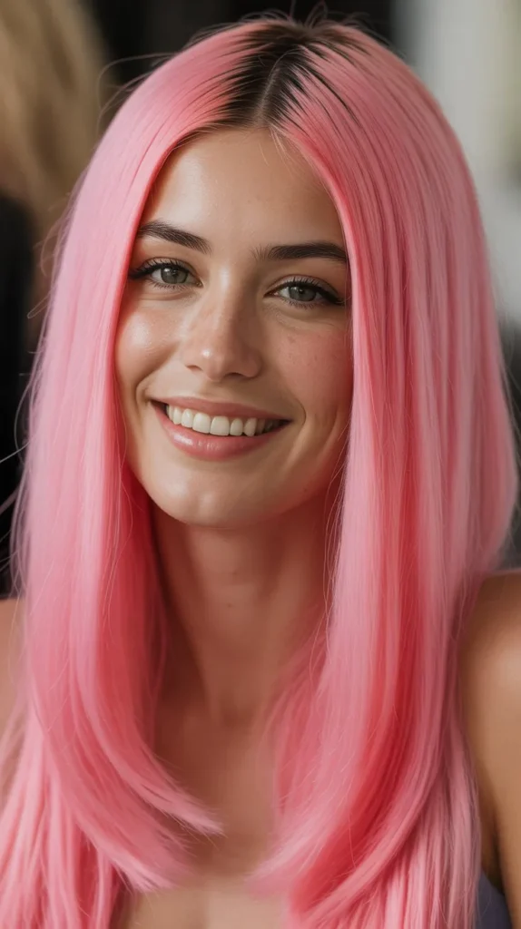 Straight Pink Wig with Dark Roots
