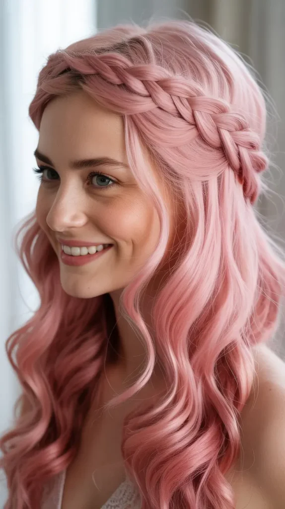👑 Pink Half Up Half Down Wig with Crown Braid