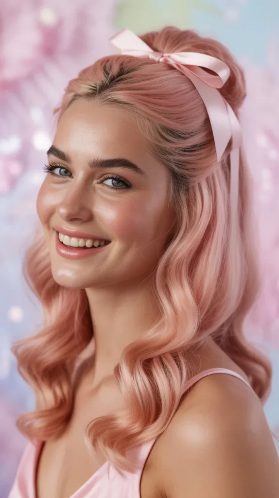 🎀 Pink Half Up Half Down Wig with Ribbon Bow
