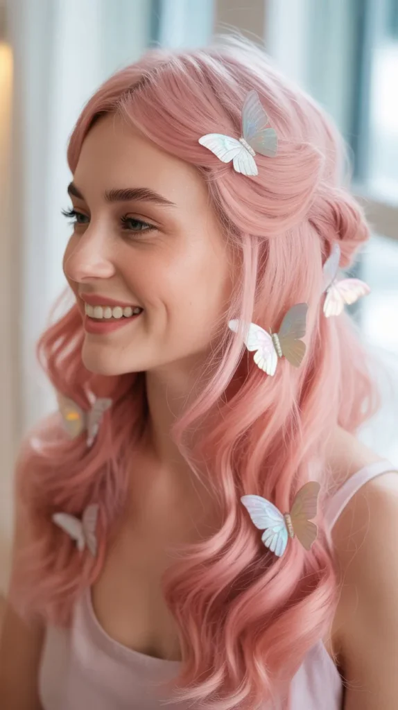 🦋 Pastel Pink Half Up Half Down Wig with Butterfly Clips