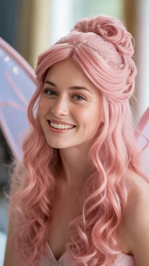 👸 Fairy Princess Pink Half Up Half Down Wig