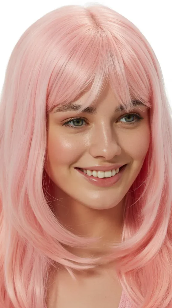  Pastel Pink Straight Wig with Curtain Bangs