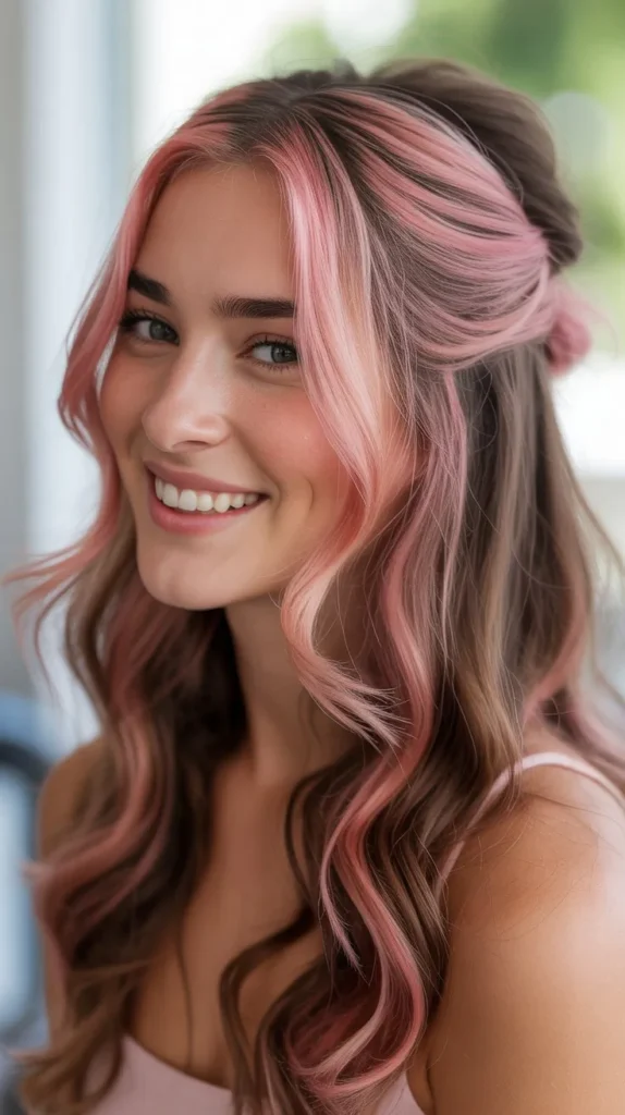 🌷 Pink Highlighted Half Up Half Down Wig