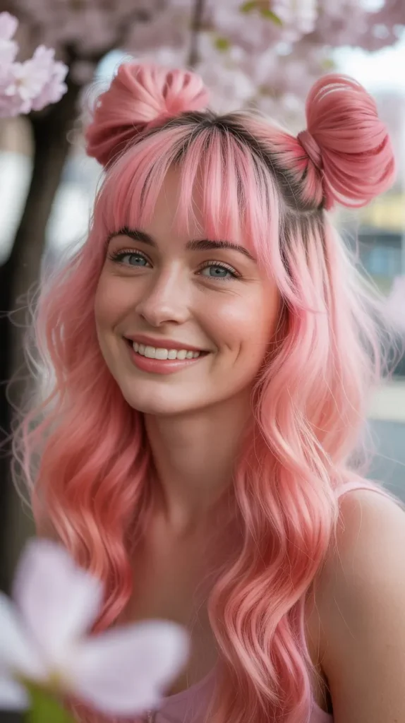 🌸 Pink Half Up Half Down Wig with Space Buns