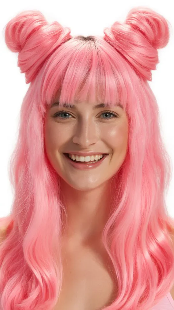  Straight Pink Wig with Space Buns