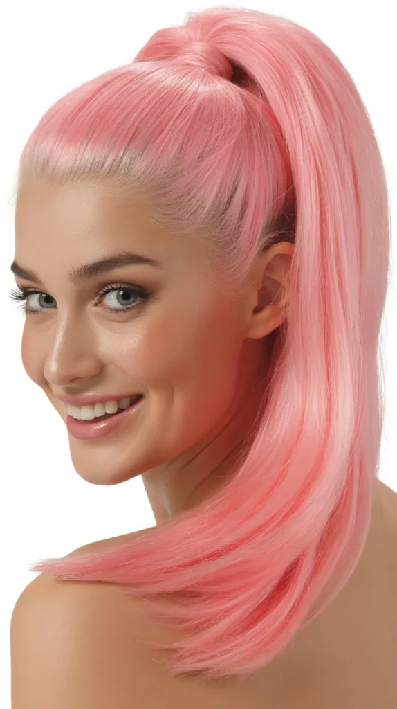  Sleek Straight Pink Wig Ponytail Style