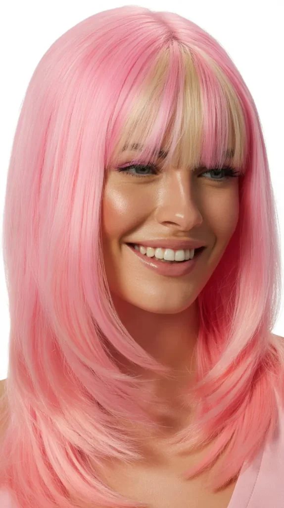 Straight Pink Wig with Money Piece Highlights