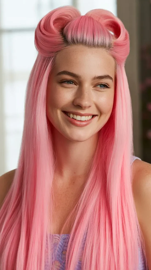 Straight Pink Wig Half-Up Half-Down Style