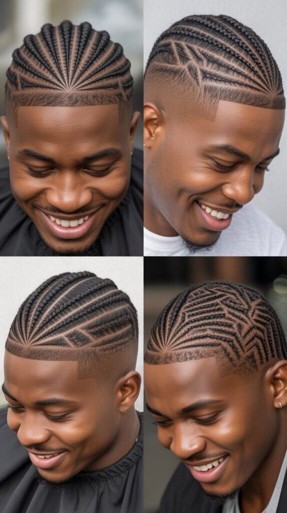 Geometric Cornrow Pattern With Bald Fade