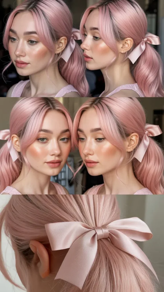 Pink Ponytail with Ribbon Bow Accent
