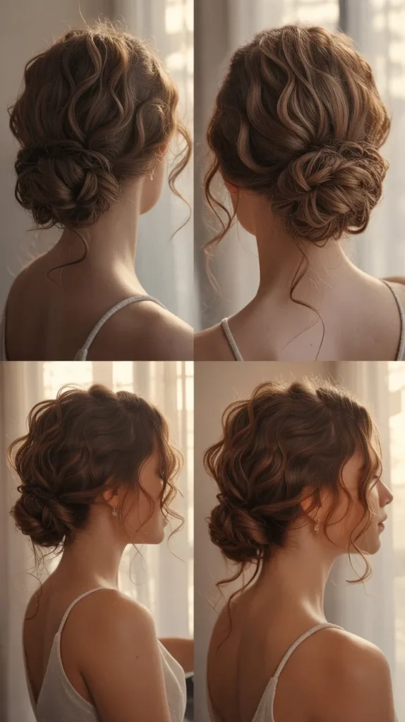 Curly Low Bun with Wispy Tendrils