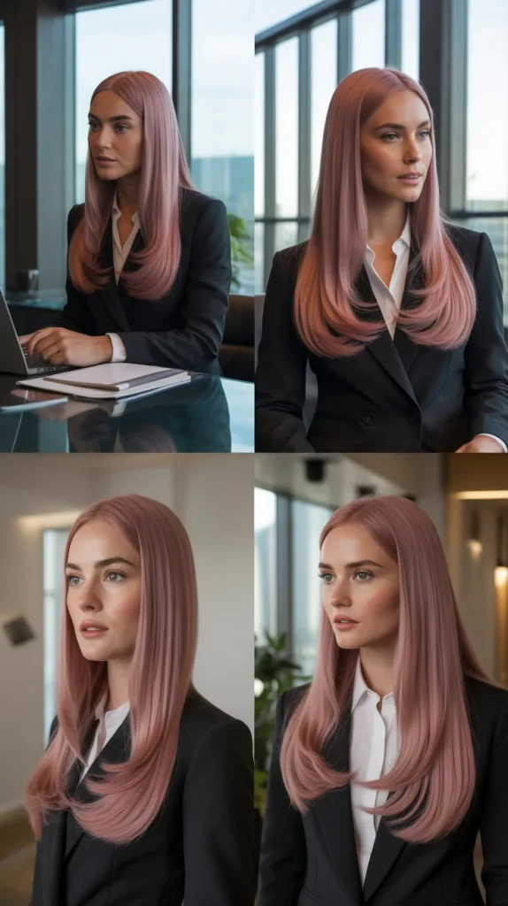 Dusty Pink Long Straight Wig with Side Part