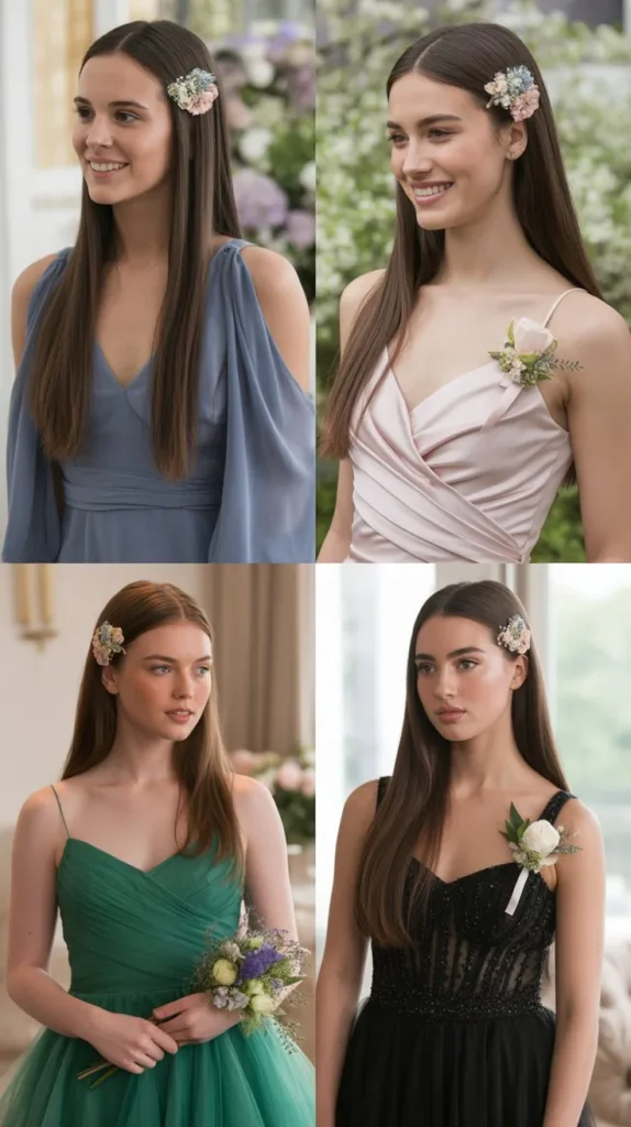 Sleek Straight Hair with a Floral Clip