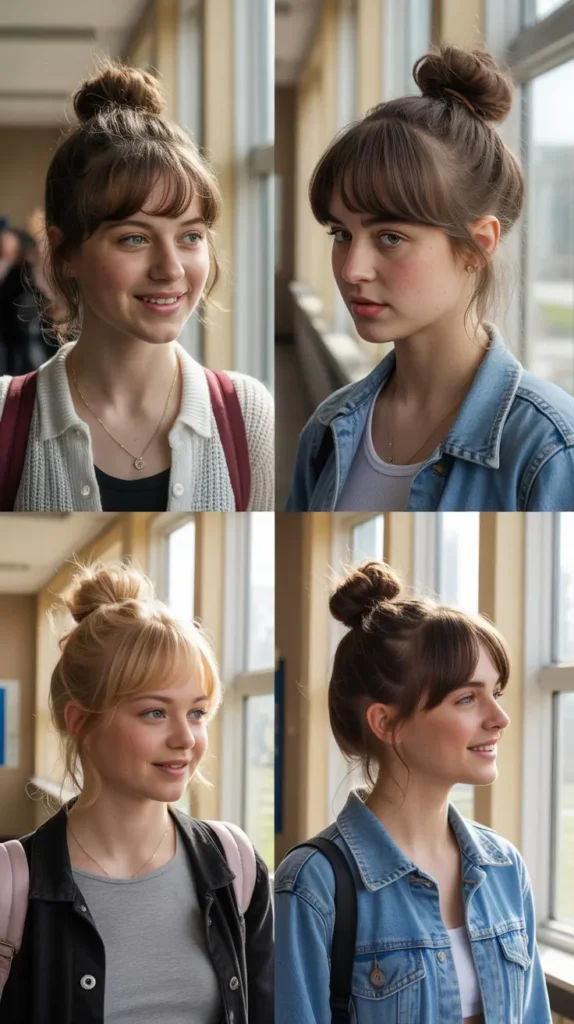 16. Top Knot with Curtain Bangs