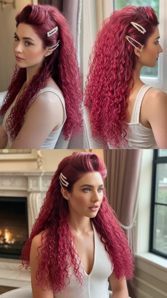 Deep Pink Crimped Half-Up Half-Down Wig