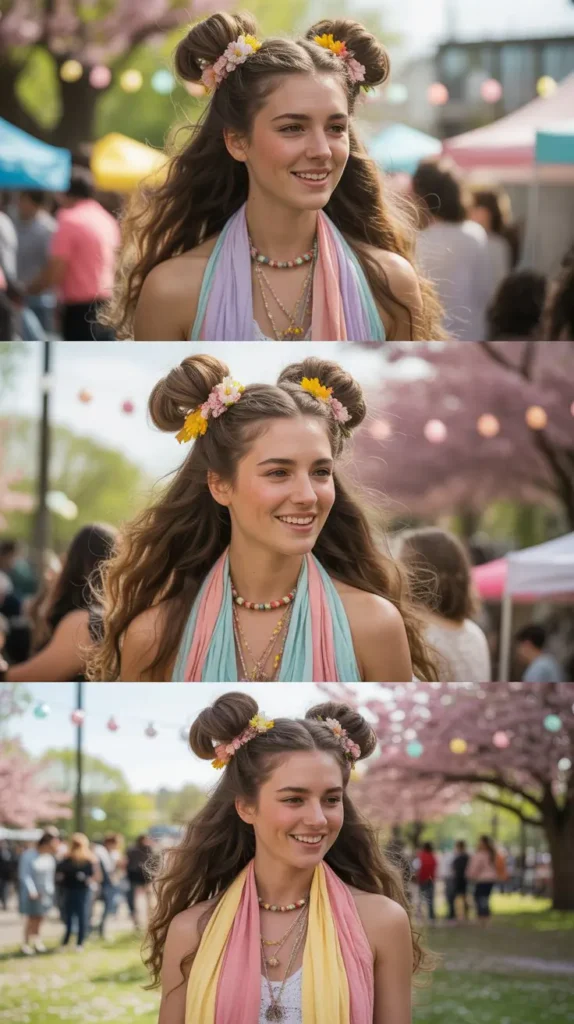  Space Buns with Long Flowing Hair