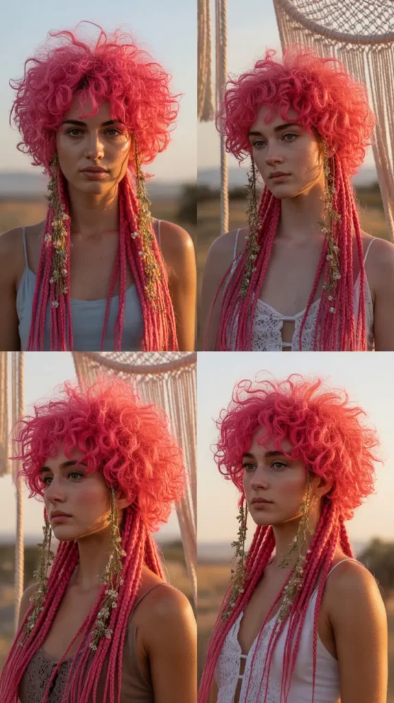 Vibrant Pink Crimped Wig with Braided Accents