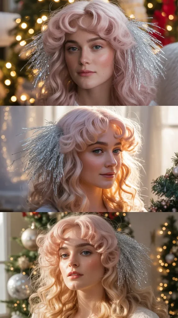 Light Pink Crimped Wig with Tinsel Highlights