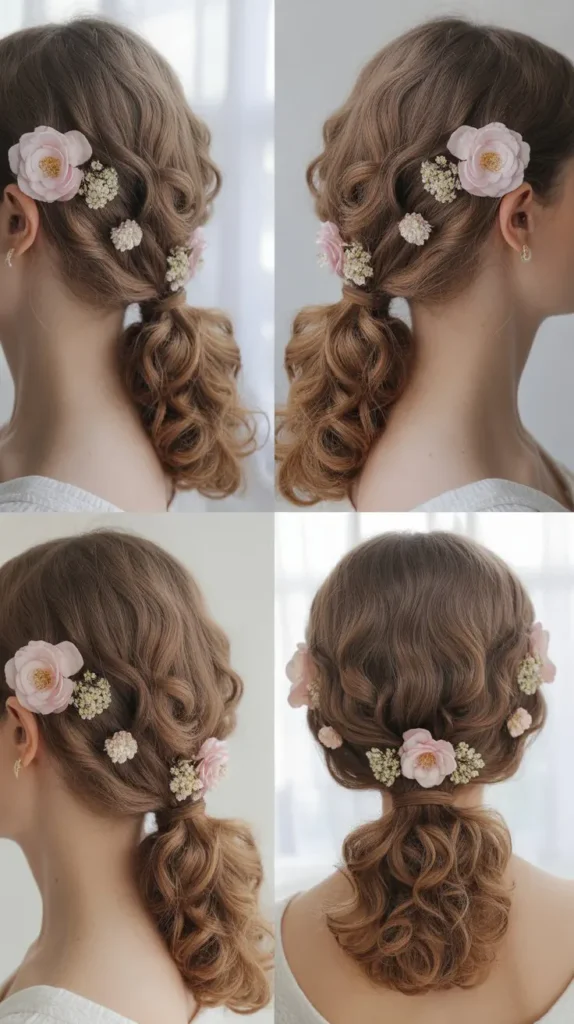 Curled Low Ponytail with Flower Pins