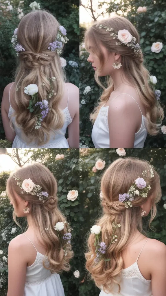  Half-Up Twisted Updo with Flowers