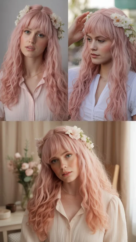 Pastel Pink Crimped Wig with Curtain Bangs
