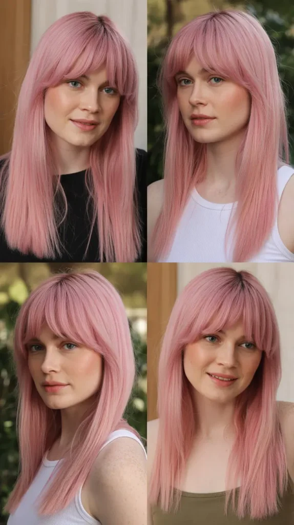 Pink Curtain Bang Wig with Side Part