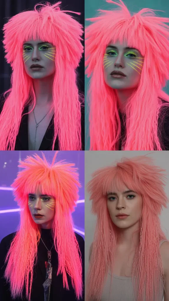 Neon Pink Crimped Wig with Bangs